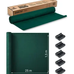 Skyggenet 1,5x25m 140g/m2 + 50 klemmer grønne