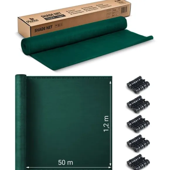 Skyggenet 1,2x50m 110g/m2 + 50 klemmer grønne