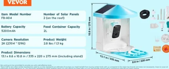 Smart Fugl Foderautomat, 2K HD Kamera, Solcelledrevet, 2L Kapacitet,Blå