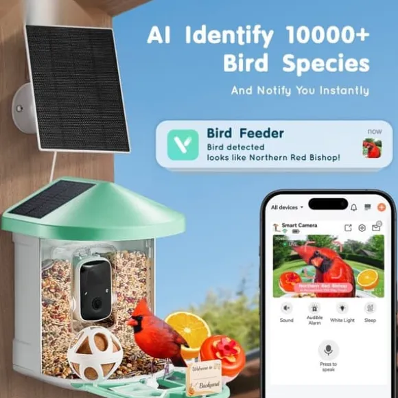Smart Soldrevet Fugleføder med AI Kamera, Identificerer 10000+ Fuglearter, Automatisk Foderudlevering, Robuste Materialer.
