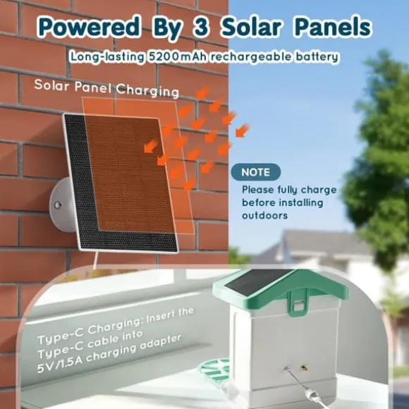 Smart Soldrevet Fugleføder med AI Kamera, Identificerer 10000+ Fuglearter, Automatisk Foderudlevering, Robuste Materialer.