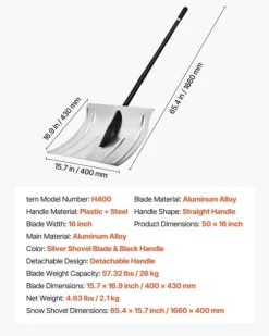 Sneskovl - Til Indkørsel - Bredde 40 cm - Aluminiumslegering - Skridsikkert Greb - Stor Kapacitet - Aftageligt Design - Letvægt