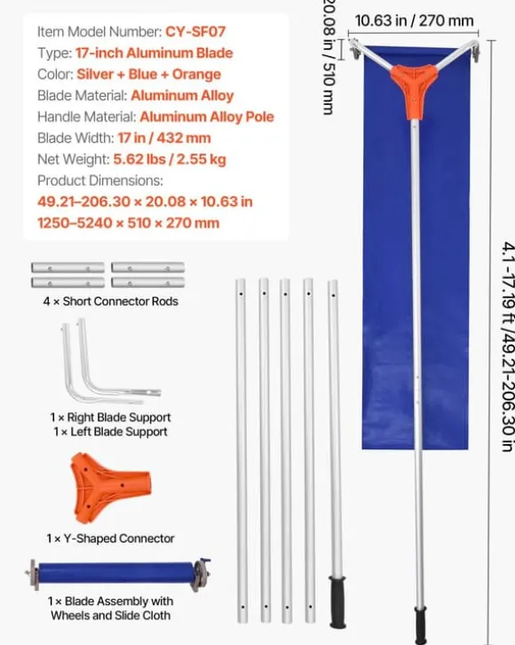 Sneskraber til Tag - Teleskopisk Tagsneskraber - 1,25–5,24 m Justerbar - 27 cm Aluminiumsblad - Hjul og Glideskinne - Til Sne, Blade og Affald