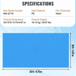 Solafdække til pool 975x487 cm blå, 16 mil, PE materiale
