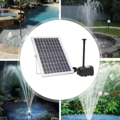 Solcelle fontænepumpe til dam/pool/akvarium - Vandpumpe Sæt - 10 W - 24 V Børsteløs - Max 1000 l/t - Dyser Medfølger - Plast - Sort