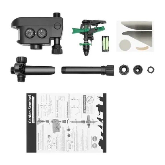 Solcelledrevet dyreskræmmer - Bevægelsessensor sprinkler - 0–270° sprayvinkel - 120° sensor - 5 s vandstød - 10/20/30 min vanding - 3–8 bar