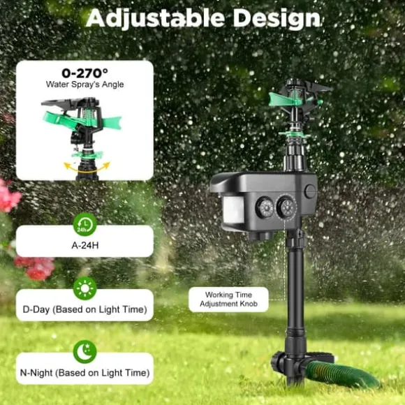 Solcelledrevet dyreskræmmer - Bevægelsessensor sprinkler - 0–270° sprayvinkel - 120° sensor - 5 s vandstød - 10/20/30 min vanding - 3–8 bar
