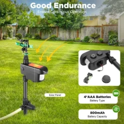 Solcelledrevet dyreskræmmer - Bevægelsessensor sprinkler - 0–270° sprayvinkel - 120° sensor - 5 s vandstød - 10/20/30 min vanding - 3–8 bar