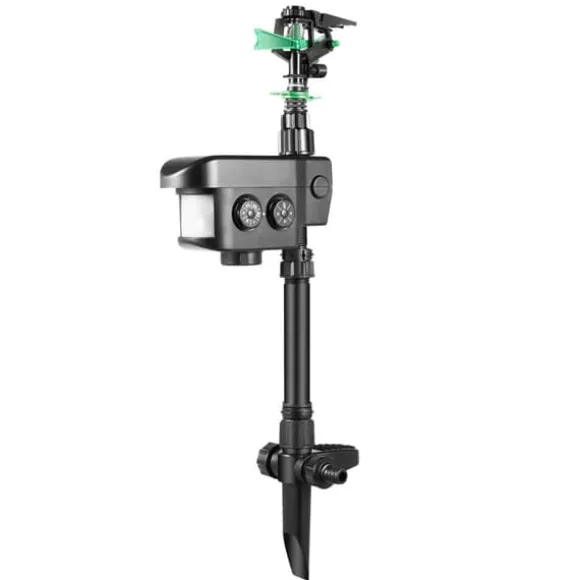 Solcelledrevet dyreskræmmer - Bevægelsessensor sprinkler - 0–270° sprayvinkel - 120° sensor - 5 s vandstød - 10/20/30 min vanding - 3–8 bar