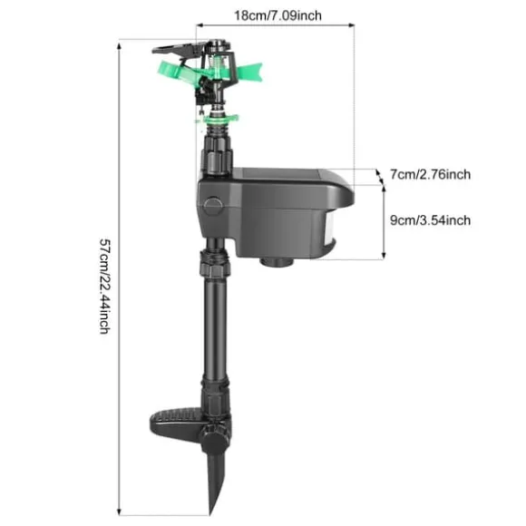 Solcelledrevet dyreskræmmer - Bevægelsessensor sprinkler - 0–270° sprayvinkel - 120° sensor - 5 s vandstød - 10/20/30 min vanding - 3–8 bar