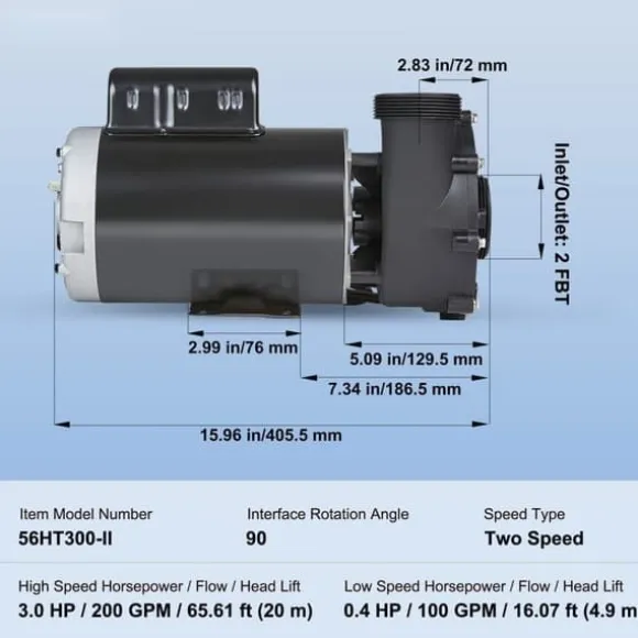 Spa-pumpe med 2 hastigheder, 1600W, 39 M³/h, 15 M/400W, 19 M³/h, anti-lækage, overophedningsbeskyttelse, til hjemme- og udendørs spa.