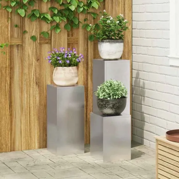 Sæt af 3 stilfulde planteholdere i rustfrit stål | Størrelse: 24x24x75 cm | Farve: Sølv