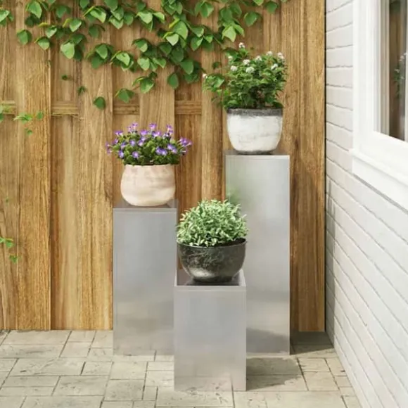 Sæt af 3 stilfulde planteholdere i rustfrit stål | Størrelse: 24x24x75 cm | Farve: Sølv