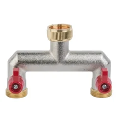 Sæt med 2 produkter. 2-vejs splitter med ventiler, hun- og hangevind 3/4", nickiel MESSING