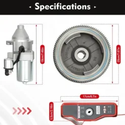 Startmotor med solenoid - Elstart-kit - Til 11/13 hk småmotorer (til og med 2011) - Svinghjul Ø20 cm - Længde 19 cm - Aluminium/jern - Rød