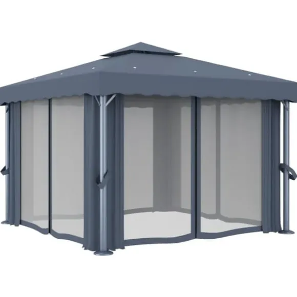 Stilfuld pavillon med gardiner og LED-lyskæder - Udendørshat med sollys | Farve: Antracitgrå | Størrelse: 3x3 m