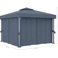 Stilfuld pavillon med gardiner og LED-lyskæder - Udendørshat med sollys | Farve: Antracitgrå | Størrelse: 3x3 m