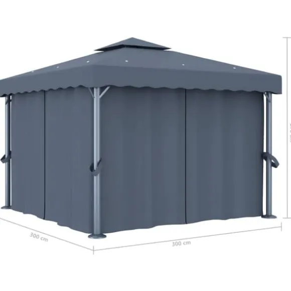 Stilfuld pavillon med gardiner og LED-lyskæder - Udendørshat med sollys | Farve: Antracitgrå | Størrelse: 3x3 m