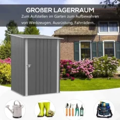 Stålskur 0,92 m², aflåseligt med pulpettag, 100×103×160 cm, grå