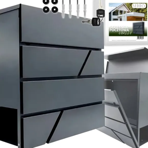 Stor postkasse til breve på porten, hegn, antracit, aviskiosk, loft