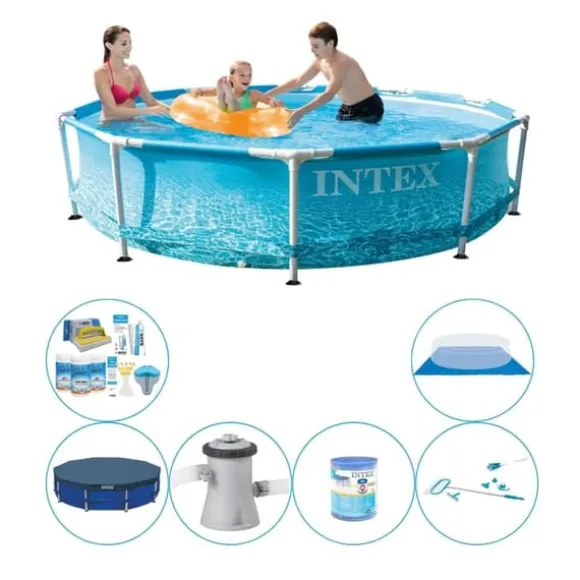 Svømmebassin med tilbehør - Intex Metalramme Rund Strand 305x76 cm