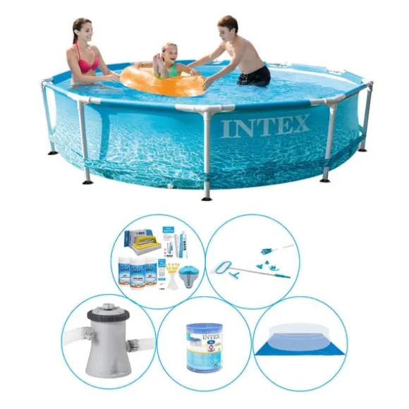 Svømmebassin med tilbehør - 6 stykker - Intex Metalramme Rund Strand 305x76 cm