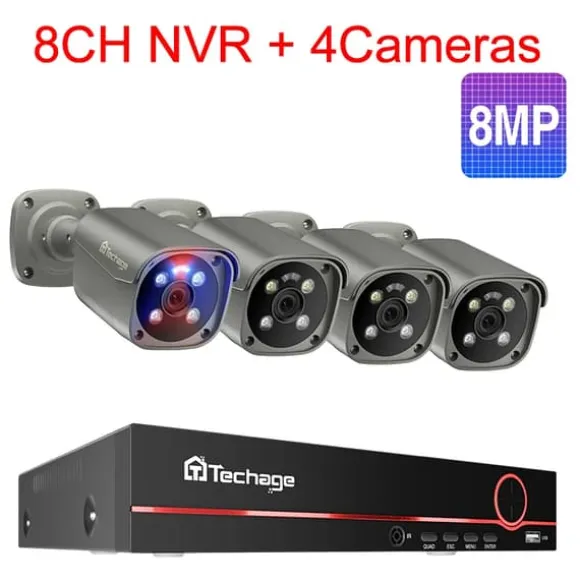 Techage Sikkerhedskamera System, 8 Kanal NVR, AI Menneske Detektion,8CH 4Stk 8MP Kamera, 3T (udendørs sport)