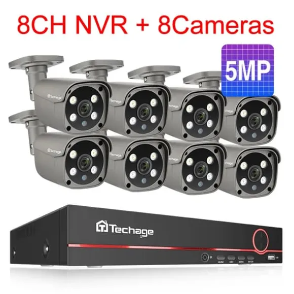 Techage Sikkerhedskamera System, 8 Kanal NVR, AI Menneske Detektion,8CH 8Stk 5MP Kamera, Ingen