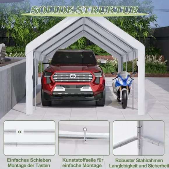 Teltgarage-carport 3x6 m vintersikker med rulledør til bil, SUV og aftagelige sidevægge