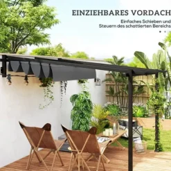 Terrassepergola ca. 3x3 m, aluminium, vægmonteret, justerbart tag, mørkegrå