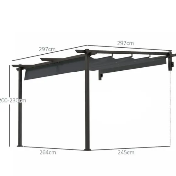 Terrassepergola ca. 3x3 m, aluminium, vægmonteret, justerbart tag, mørkegrå