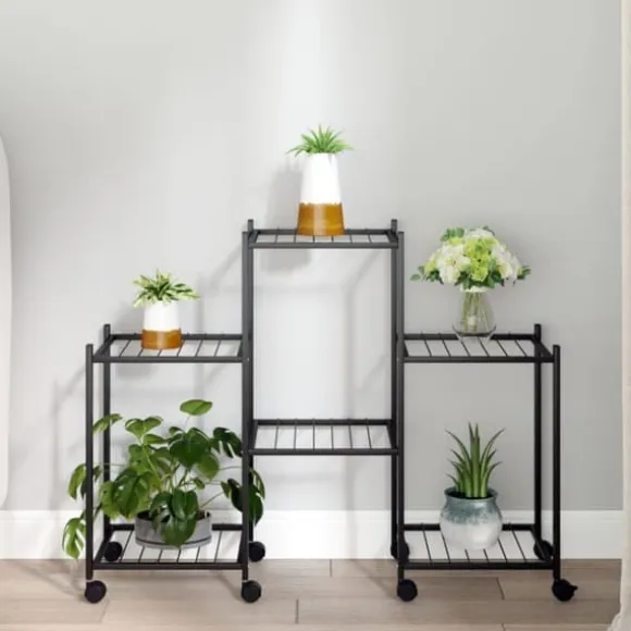 The Living Store blomsterstativ med hjul 83x25x63,5 cm jern sort - Planteborde