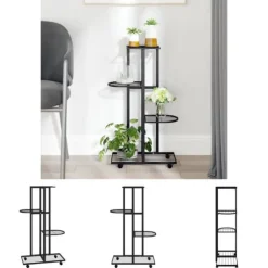 The Living Store blomsterstativ 4 niveauer med hjul 44x23x80 cm jern sort - Planteborde