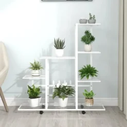 The Living Store blomsterstativ med hjul 94,5x25x92,5 cm metal hvid - Planteborde
