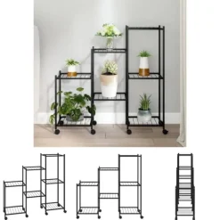 The Living Store blomsterstativ med hjul 83x25x83,5 cm jern sort - Planteborde