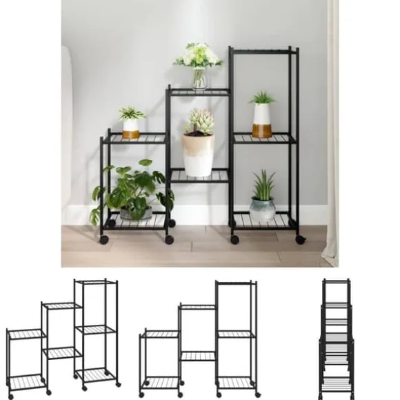 The Living Store blomsterstativ med hjul 83x25x83,5 cm jern sort - Planteborde