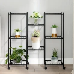The Living Store blomsterstativ med hjul 83x25x83,5 cm jern sort - Planteborde