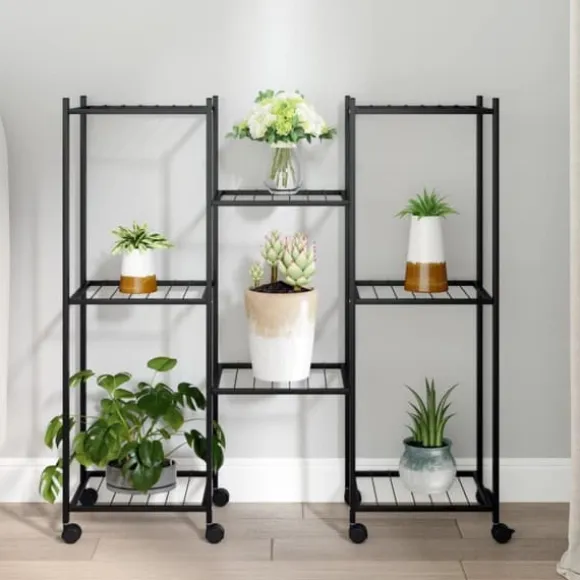 The Living Store blomsterstativ med hjul 83x25x83,5 cm jern sort - Planteborde