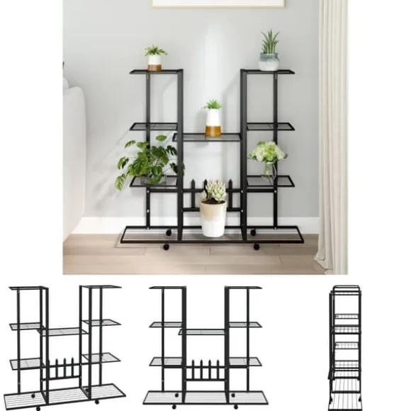 The Living Store blomsterstativ med hjul 94,5x24,5x91,5 cm jern sort - Planteborde
