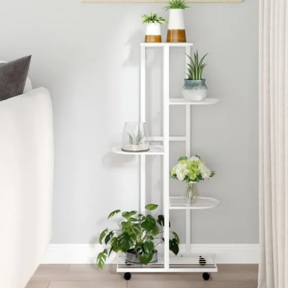 The Living Store blomsterstativ 5 niveauer med hjul 44x23x100 cm jern hvid - Planteborde