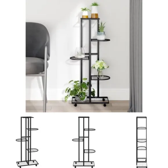 The Living Store blomsterstativ 5 niveauer med hjul 44x23x100 cm jern sort - Planteborde