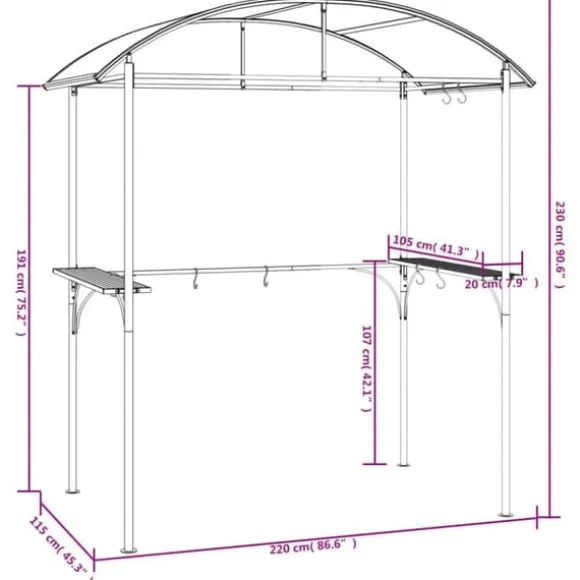 The Living Store grillpavillon med sidehylder 220x115x230 cm stål antracitgrå - Festtelte & havepavilloner