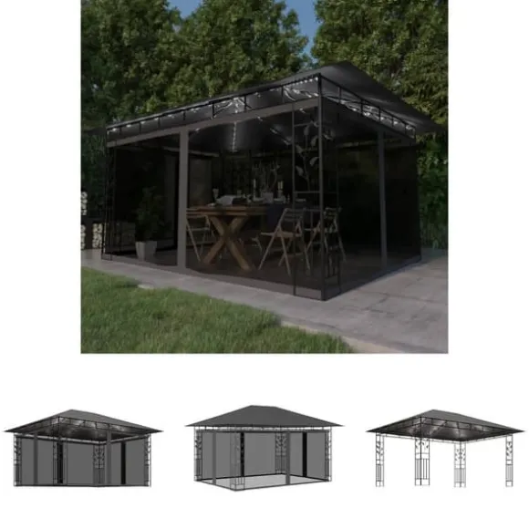 The Living Store pavillon med myggenet og LED-lyskæder 4x3x2,73 m antracitgrå - Festtelte & havepavilloner