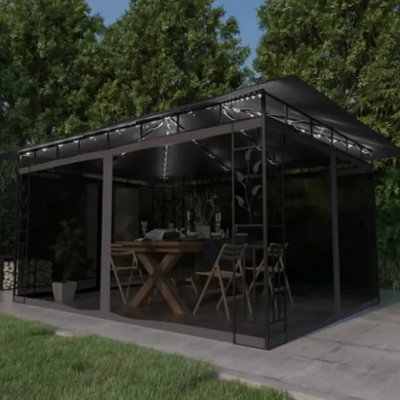 The Living Store pavillon med myggenet og LED-lyskæder 4x3x2,73 m antracitgrå - Festtelte & havepavilloner