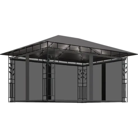 The Living Store pavillon med myggenet og LED-lyskæder 4x3x2,73 m antracitgrå - Festtelte & havepavilloner