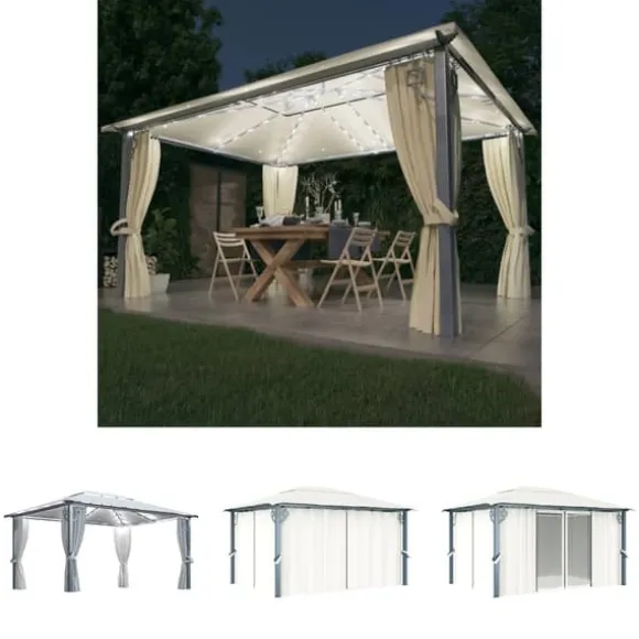 The Living Store pavillon med gardin + LED-lyskæder 400x300 cm aluminium creme - Festtelte & havepavilloner