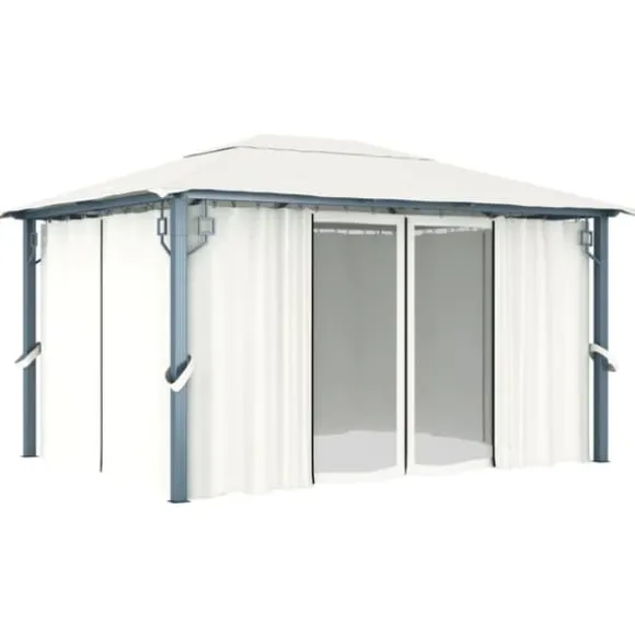 The Living Store pavillon med gardin + LED-lyskæder 400x300 cm aluminium creme - Festtelte & havepavilloner