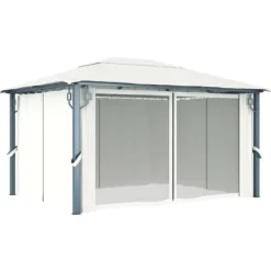 The Living Store pavillon med gardin + LED-lyskæder 400x300 cm aluminium creme - Festtelte & havepavilloner