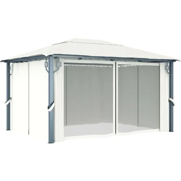 The Living Store pavillon med gardin + LED-lyskæder 400x300 cm aluminium creme - Festtelte & havepavilloner