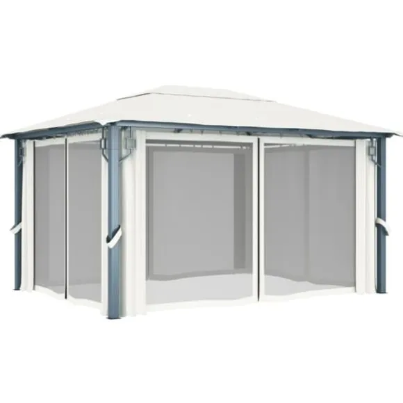 The Living Store pavillon med gardin + LED-lyskæder 400x300 cm aluminium creme - Festtelte & havepavilloner